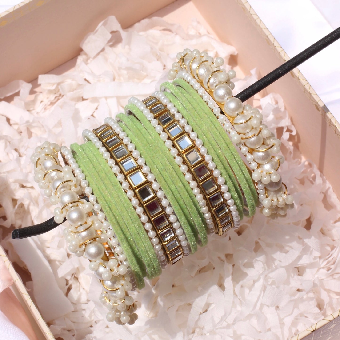 Kundan Majesty Bangle Set-1-Light Green