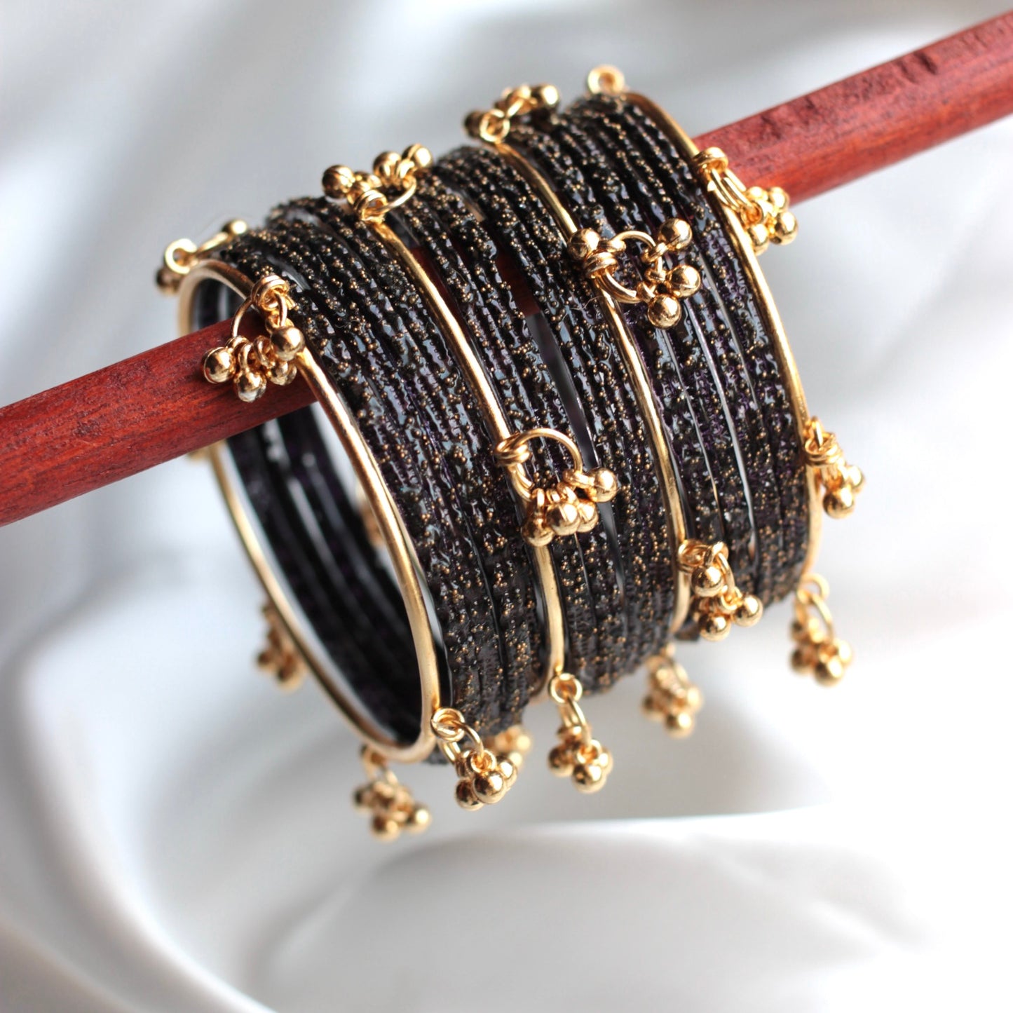 Majesty Raindrop Kashmiri Bangle Set-4 Golden Bangles with Glass Churiyaan