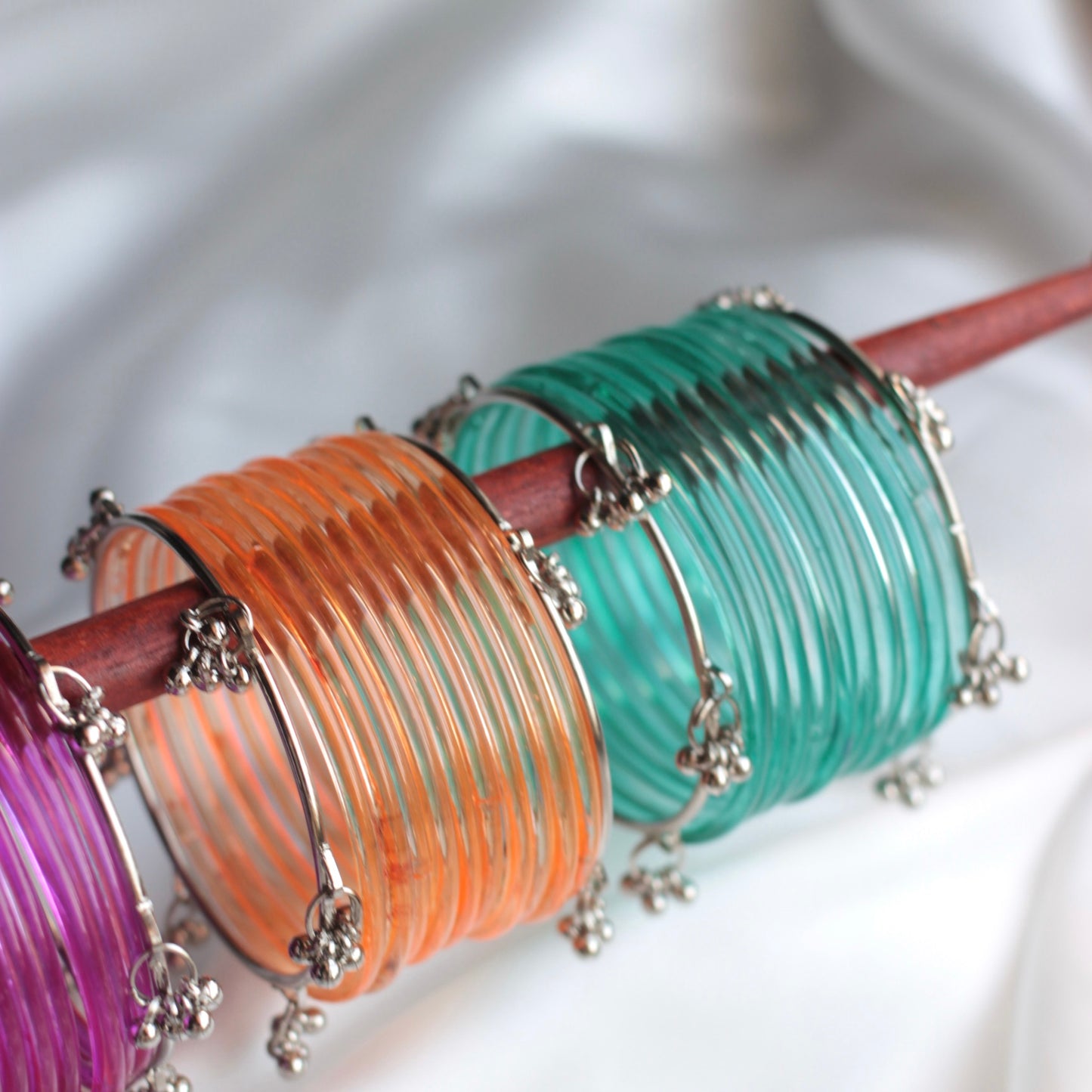 Jellyglow Jelly Glass Kashmiri Bangle Set-2 Silver Bangles with Glass Churiyaan