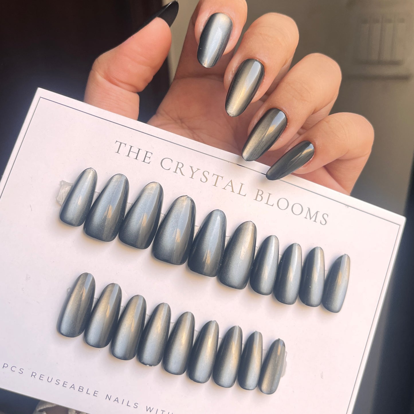 Cat-eye reflective Black/grey Nails-Almond nails- 86-Free 24-pc Sticker Sheet included