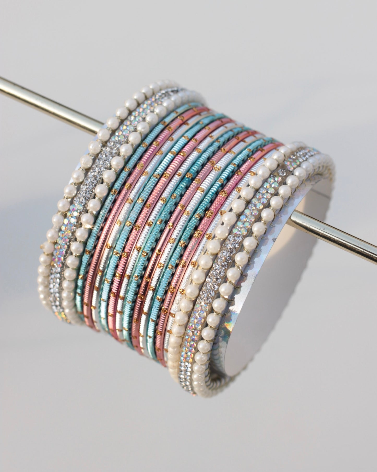 Luminous Bloom Bangle Set-Pink,Silver & Blue