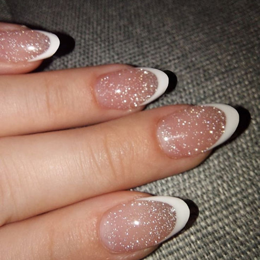 Glitter french Nails-Mid length Almond nails- 3827-Free 24-pc Sticker Sheet included
