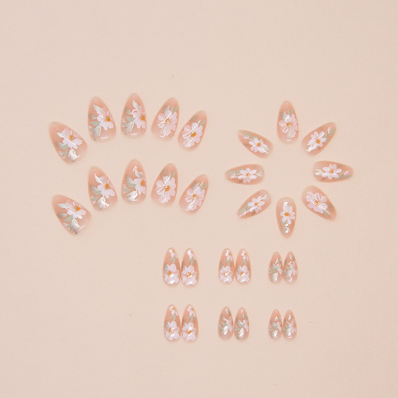 Floral Peach Nails-1593- Free 4 pc nail kit included