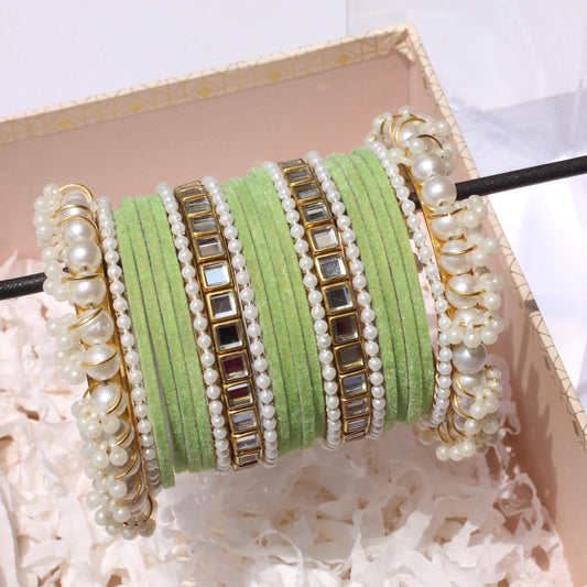 Kundan Majesty Bangle Set-1-Light Green