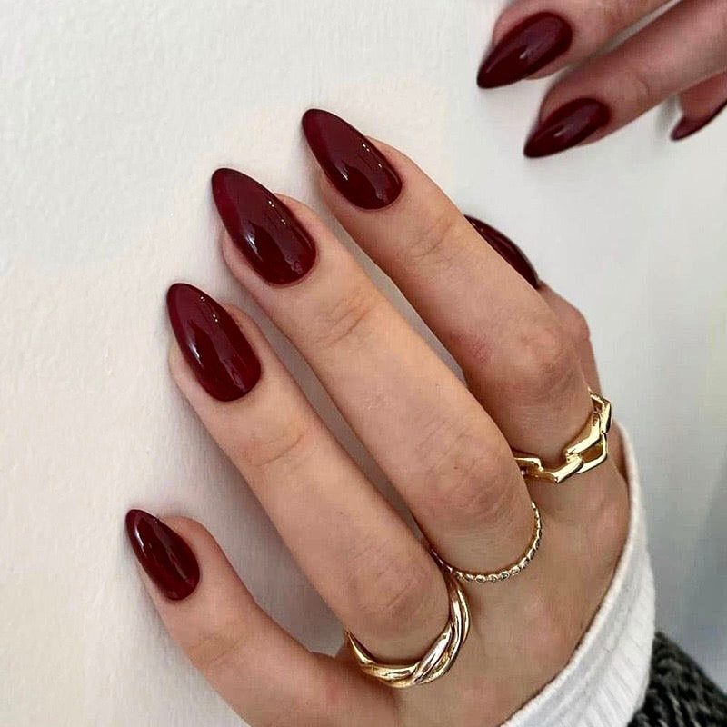 Nails-050-Dark Maroon Almond nails- Free 24 -pc Sticker Sheet included