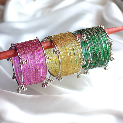 Mehfil Raindrop Kashmiri Bangle Set-2 Silver Bangles with Glass Churiyaan