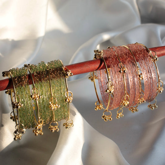 Majesty Raindrop Kashmiri Bangle Set-4 Golden Bangles with Glass Churiyaan