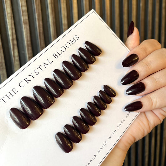 Nails-22DXS- Blackish Maroon Almond nails- Free 24pc Sticker Sheet included
