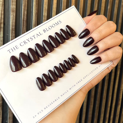 Nails-22DXS- Blackish Maroon Almond nails- Free 24pc Sticker Sheet included