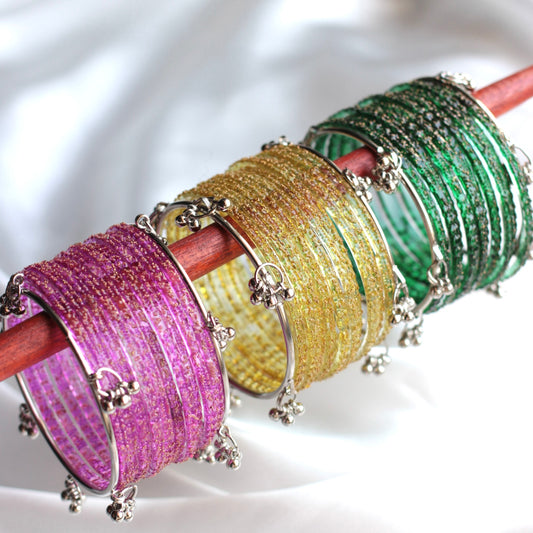 Mehfil Raindrop Kashmiri Bangle Set-2 Silver Bangles with Glass Churiyaan