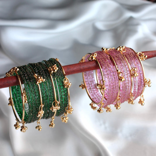 Majesty Raindrop Kashmiri Bangle Set-4 Golden Bangles with Glass Churiyaan