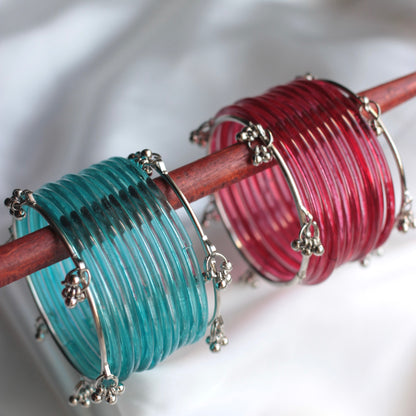 Jellyglow Jelly Glass Kashmiri Bangle Set-2 Silver Bangles with Glass Churiyaan (Copy)