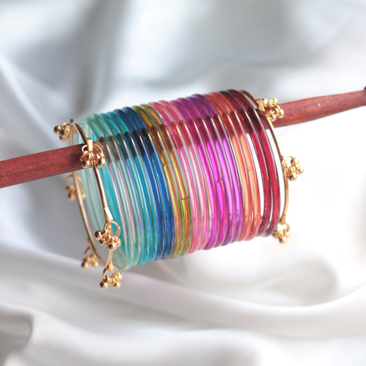 GlowMuse Viral Jelly Glass Kashmiri Bangle Set-2 Golden Bangles with 24 Jelly Bangles