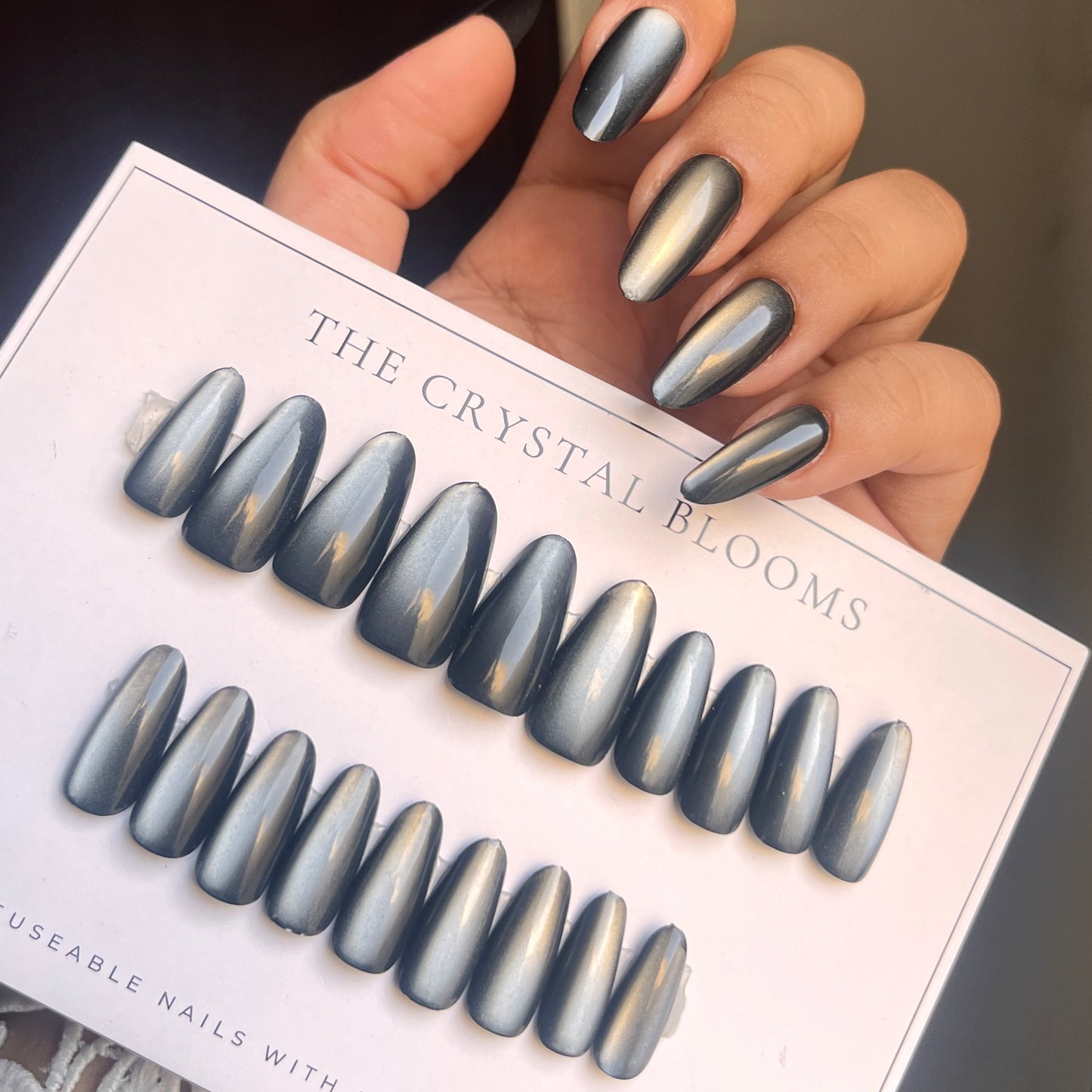 Cat-eye reflective Black/grey Nails-Almond nails- 86-Free 24-pc Sticker Sheet included