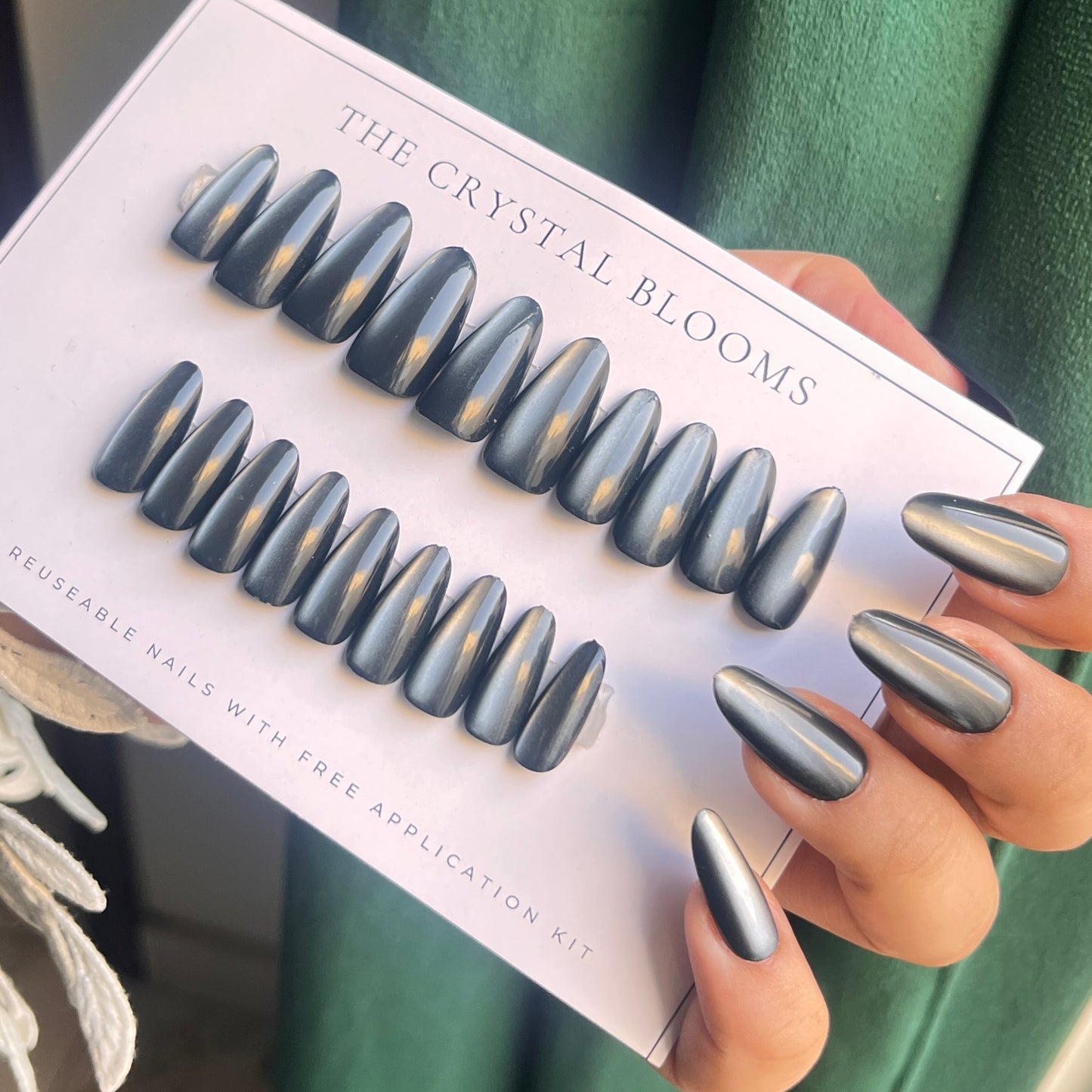 Cat-eye reflective Black/grey Nails-Almond nails- 86-Free 24-pc Sticker Sheet included