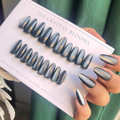 Cat-eye reflective Black/grey Nails-Almond nails- 86-Free 24-pc Sticker Sheet included
