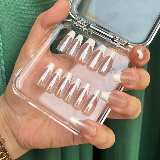 Nails-083-Long Reflective Square French Nails