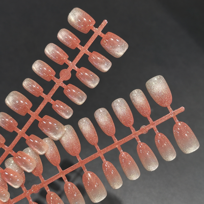 [PREMIUM] Handmade Cat-eye Reflective Nails-408- (Long Round shape- 30 nails) Free 24 pc Sticker Sheet  included