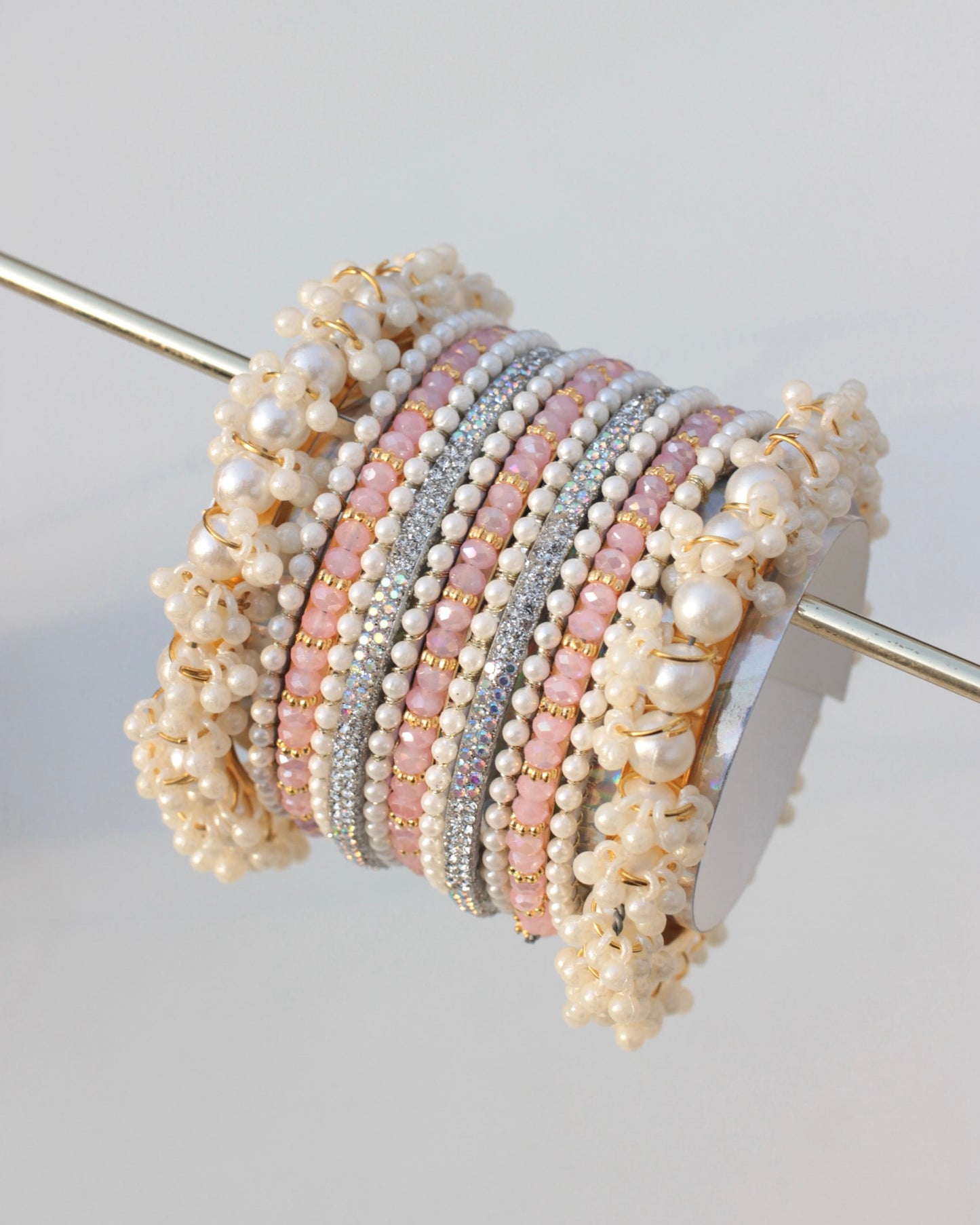 Gilded Gleam Bangle Set-Multi Pink & Silver