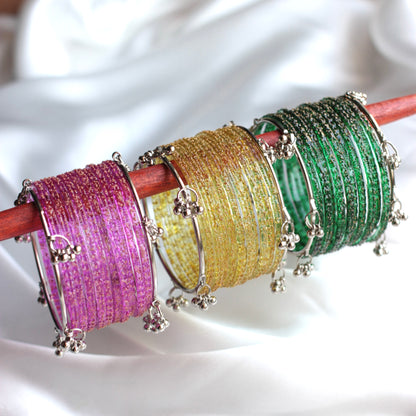 Mehfil Raindrop Kashmiri Bangle Set-2 Silver Bangles with Glass Churiyaan