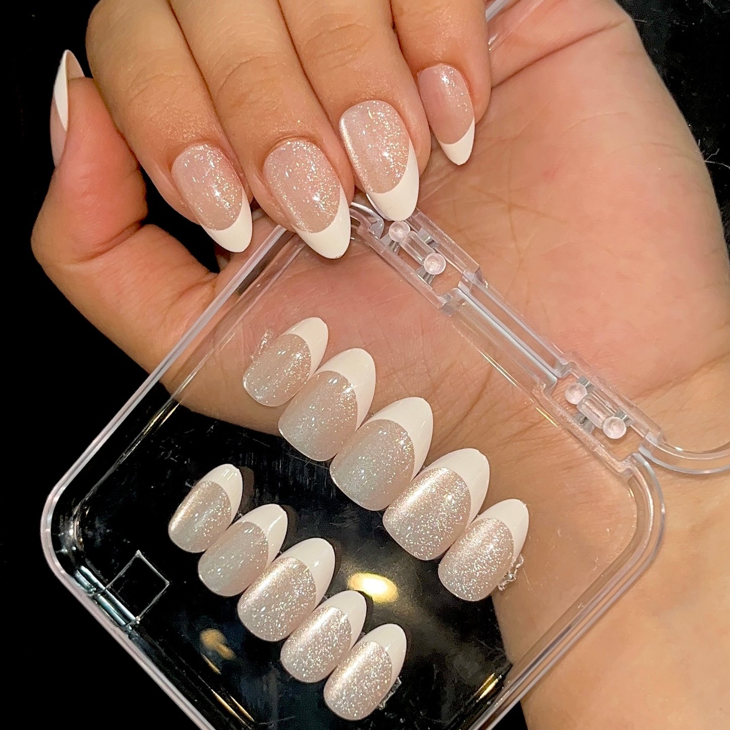 [PREMIUM] Handmade French Cat-eye Shimmer Nails - 818- Free 24 pc Sticker Sheet included