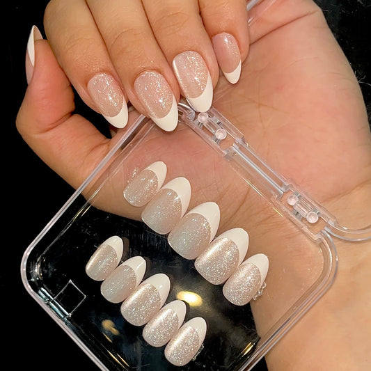 [PREMIUM] Handmade French Cat-eye Shimmer Nails - 818- Free 24 pc Sticker Sheet included