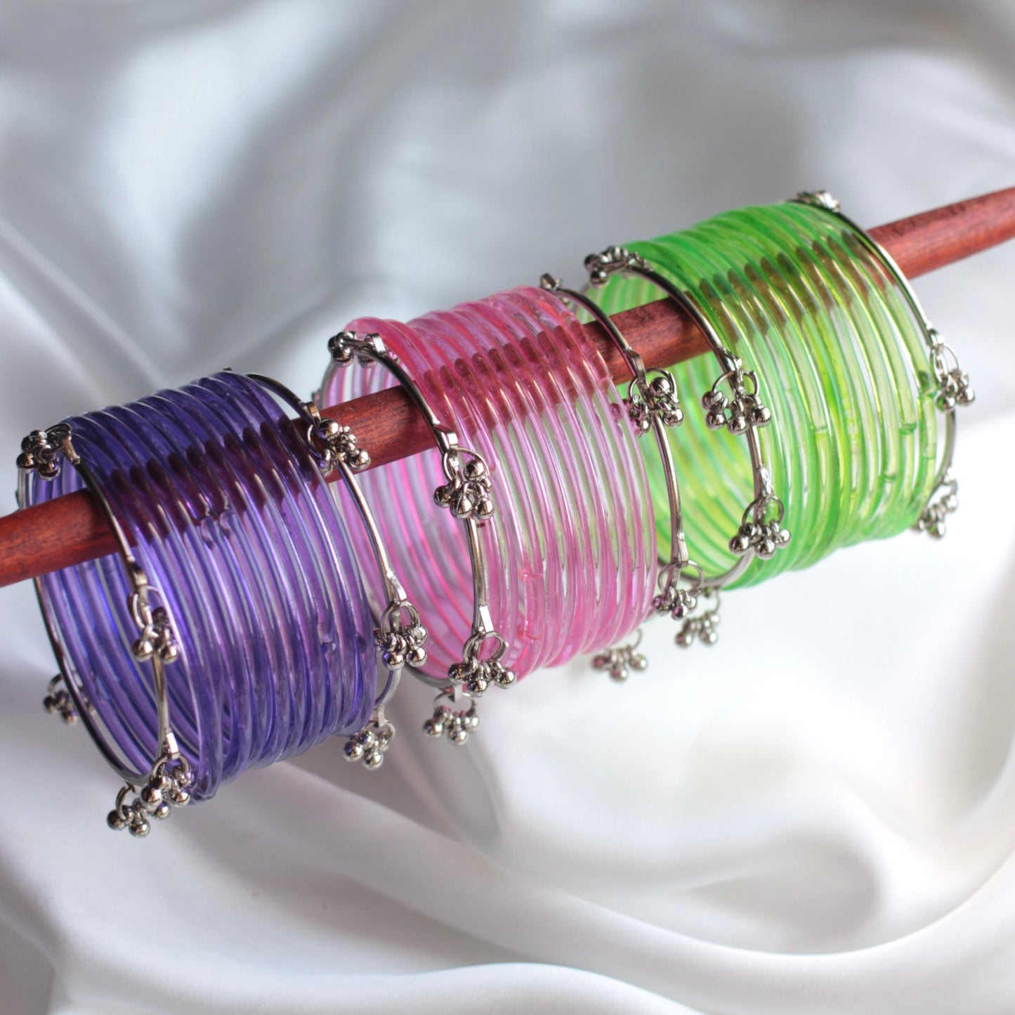 Jellyglow Jelly Glass Kashmiri Bangle Set-2 Silver Bangles with Glass Churiyaan