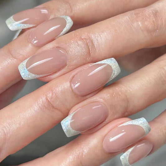Glitter French Nails-Mid length Square nails- 2326-Free 4-pc Nail-kit included