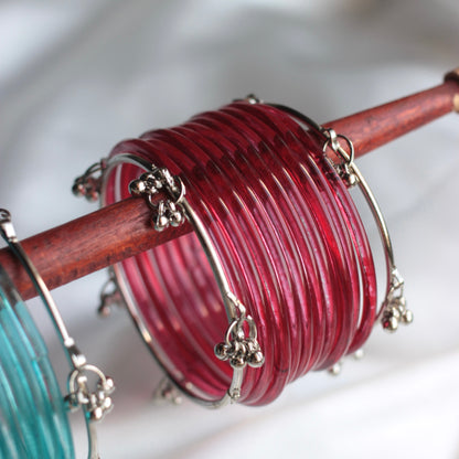 Jellyglow Jelly Glass Kashmiri Bangle Set-2 Silver Bangles with Glass Churiyaan (Copy)