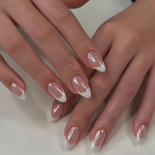 [PREMIUM] Handmade French Chrome Nails-805/HF02-Almond french nails- (Premium Quality)