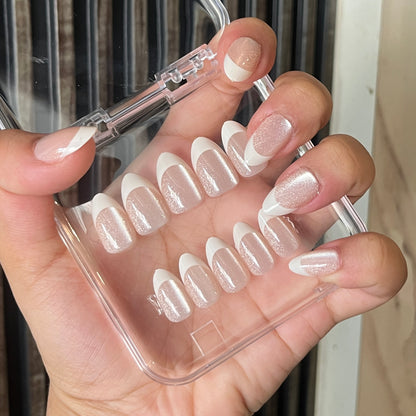 [PREMIUM] Handmade French Cat-eye Shimmer Nails - 818- Free 24 pc Sticker Sheet included