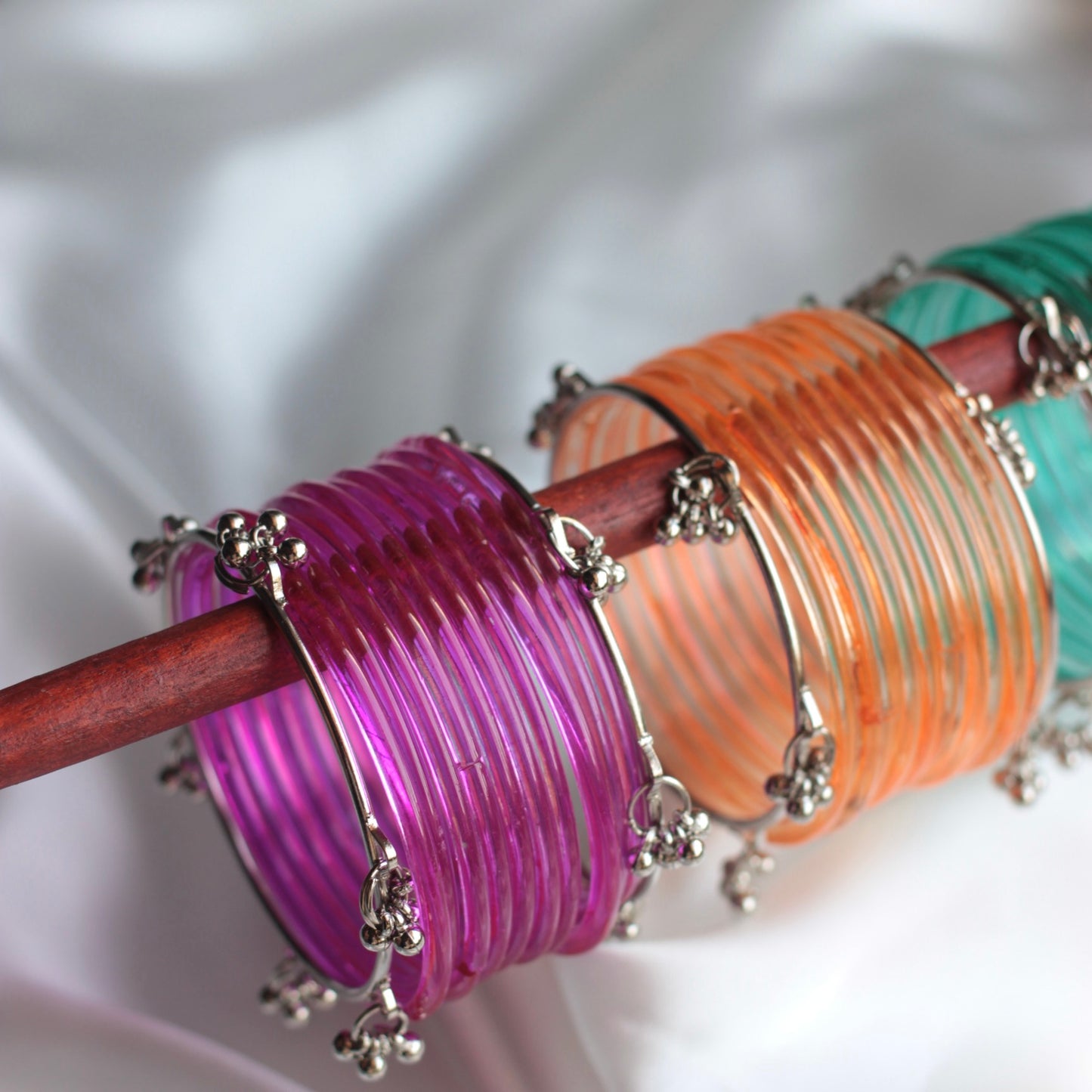 Jellyglow Jelly Glass Kashmiri Bangle Set-2 Silver Bangles with Glass Churiyaan