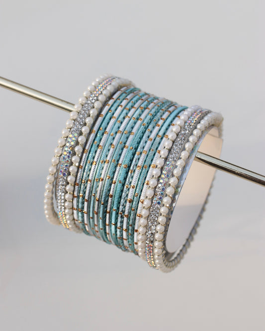 Luminous Bloom Bangle Set-Blue & Silver