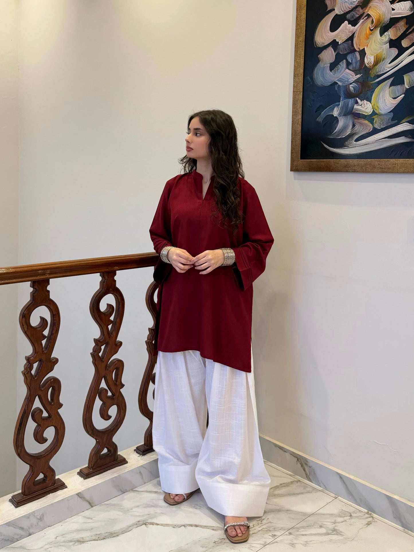 Redish Maroon Classic Farshi Set - 2 pc Stitched