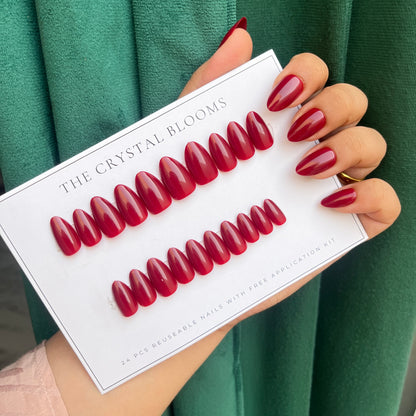 Deep Red Almond Nails-284- Free 24 pc Sticker Sheet included