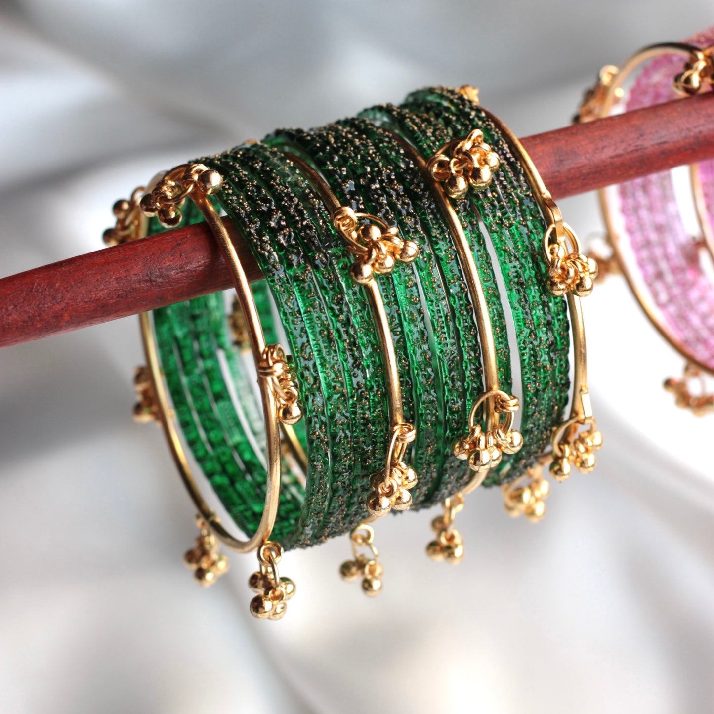Majesty Raindrop Kashmiri Bangle Set-4 Golden Bangles with Glass Churiyaan