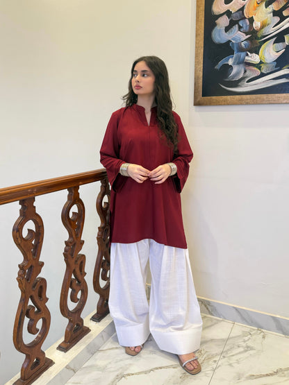 Redish Maroon Classic Farshi Set - 2 pc Stitched