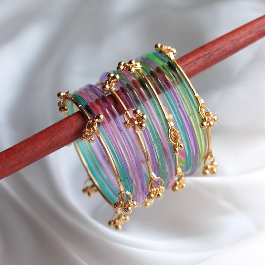 Nova Jellyluxe Glass Kashmiri Bangle Set-4 Golden Bangles with Glass Churiyaan