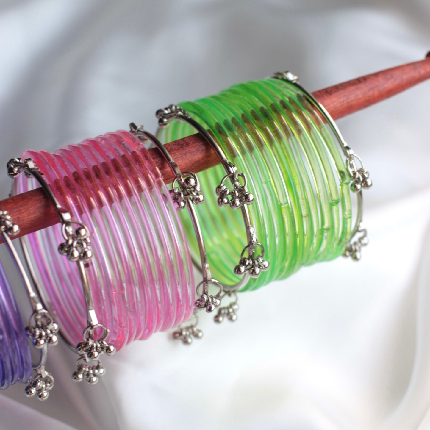 Jellyglow Jelly Glass Kashmiri Bangle Set-2 Silver Bangles with Glass Churiyaan