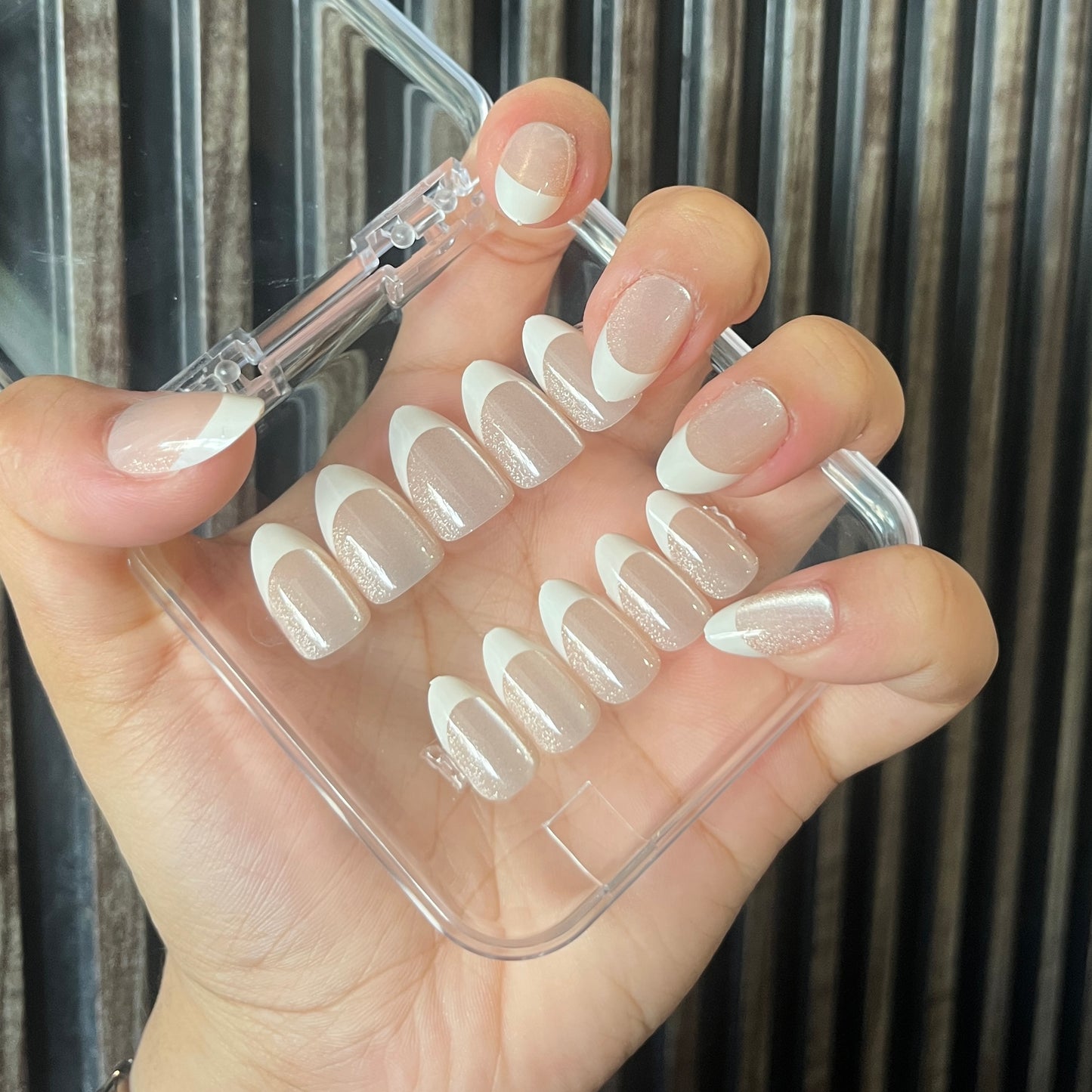 [PREMIUM] Handmade French Cat-eye Shimmer Nails - 818- Free 24 pc Sticker Sheet included