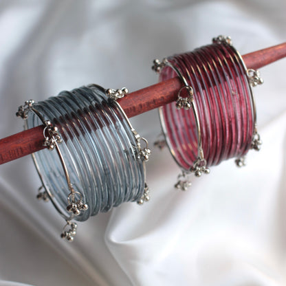 Jellyglow Jelly Glass Kashmiri Bangle Set-2 Silver Bangles with Glass Churiyaan