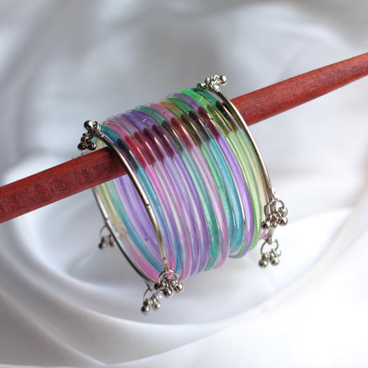 Jellyglow Jelly Glass Kashmiri Bangle Set-2 Silver Bangles with Glass Churiyaan