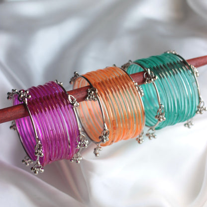 Jellyglow Jelly Glass Kashmiri Bangle Set-2 Silver Bangles with Glass Churiyaan