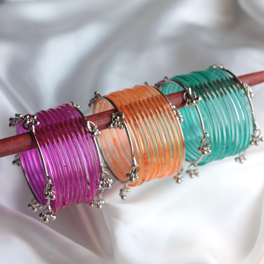 Jellyglow Jelly Glass Kashmiri Bangle Set-2 Silver Bangles with Glass Churiyaan