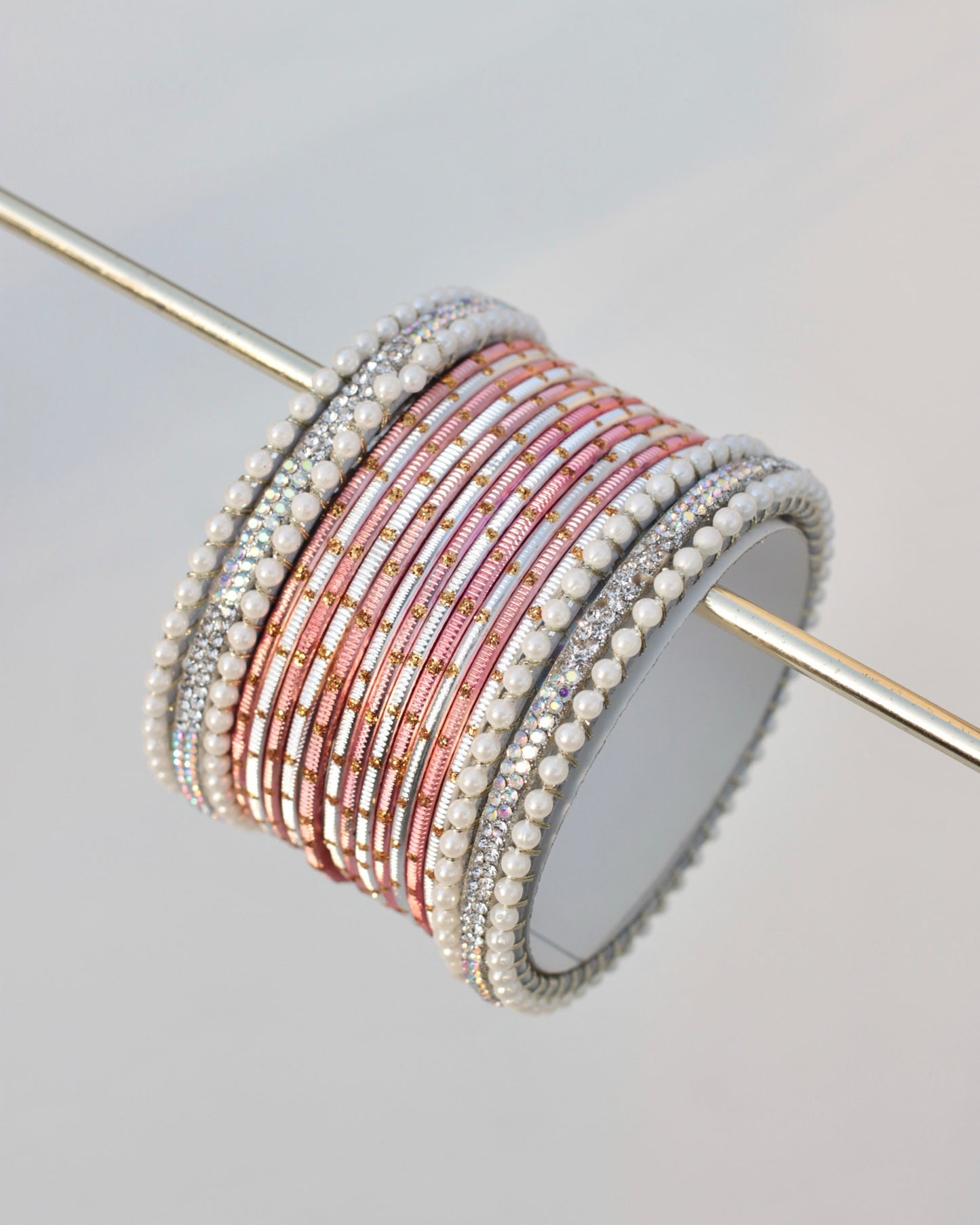 Luminous Bloom Bangle Set-Pink & Silver