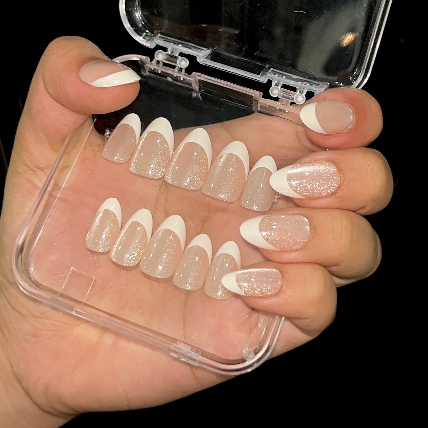 [PREMIUM] Handmade French Cat-eye Shimmer Nails - 818- Free 24 pc Sticker Sheet included