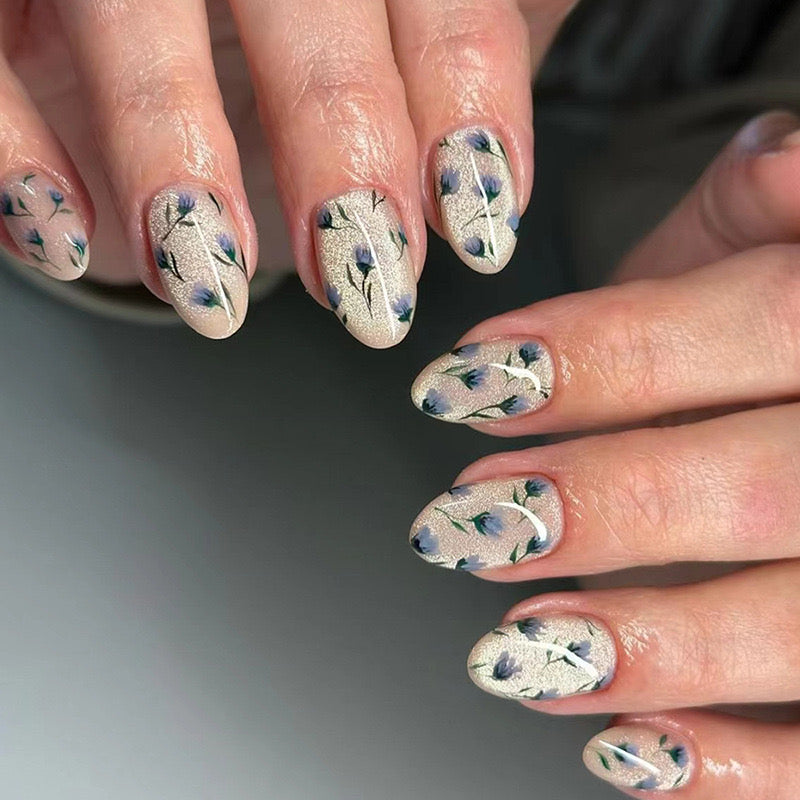 Cateye Printed Nails-1550-Medium Length Almond nails- Free 4 pc nail kit included