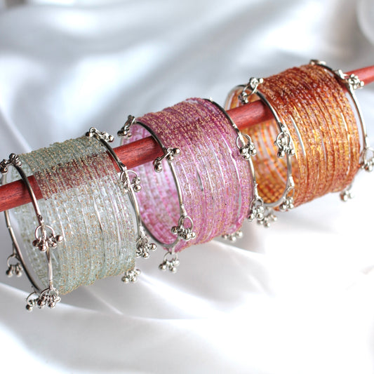 Mehfil Raindrop Kashmiri Bangle Set-2 Silver Bangles with Glass Churiyaan