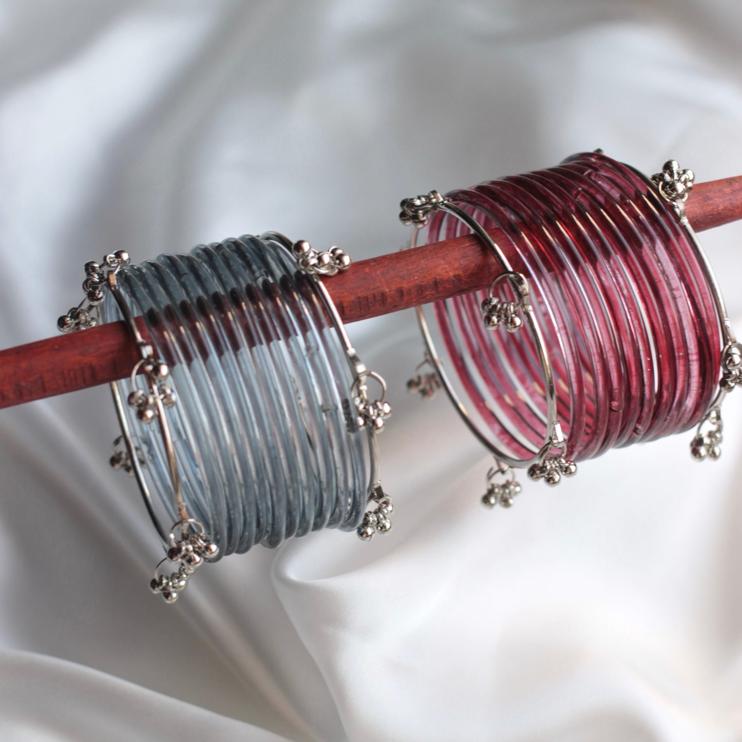 Jellyglow Jelly Glass Kashmiri Bangle Set-2 Silver Bangles with Glass Churiyaan