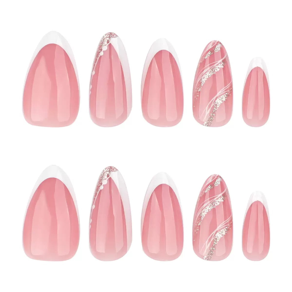 Nails-375- Glitter French nails- Free 24 -pc Sticker Sheet  included